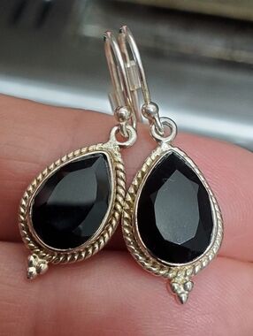 Sterling Silver Black Melanite GarnetTeardrop Dangle Earrings